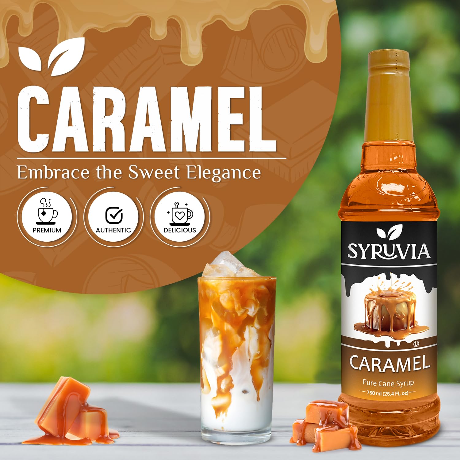 Syruvia Caramel & Maple Bourbon Pecan Coffee Syrup - 25.4 fl oz. Premium Coffee Flavoring Syrup. Kosher, and Gluten-Free. Perfect for Enhancing Drinks, Sodas, Shakes, Desserts, and More.