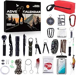 Kit de sobrevivência, calendário do advento para homens, contagem regressiva de 24 dias com ferramentas de sobrevivência ao ar livre premium com equipamento de emergência essencial, gadgets legais