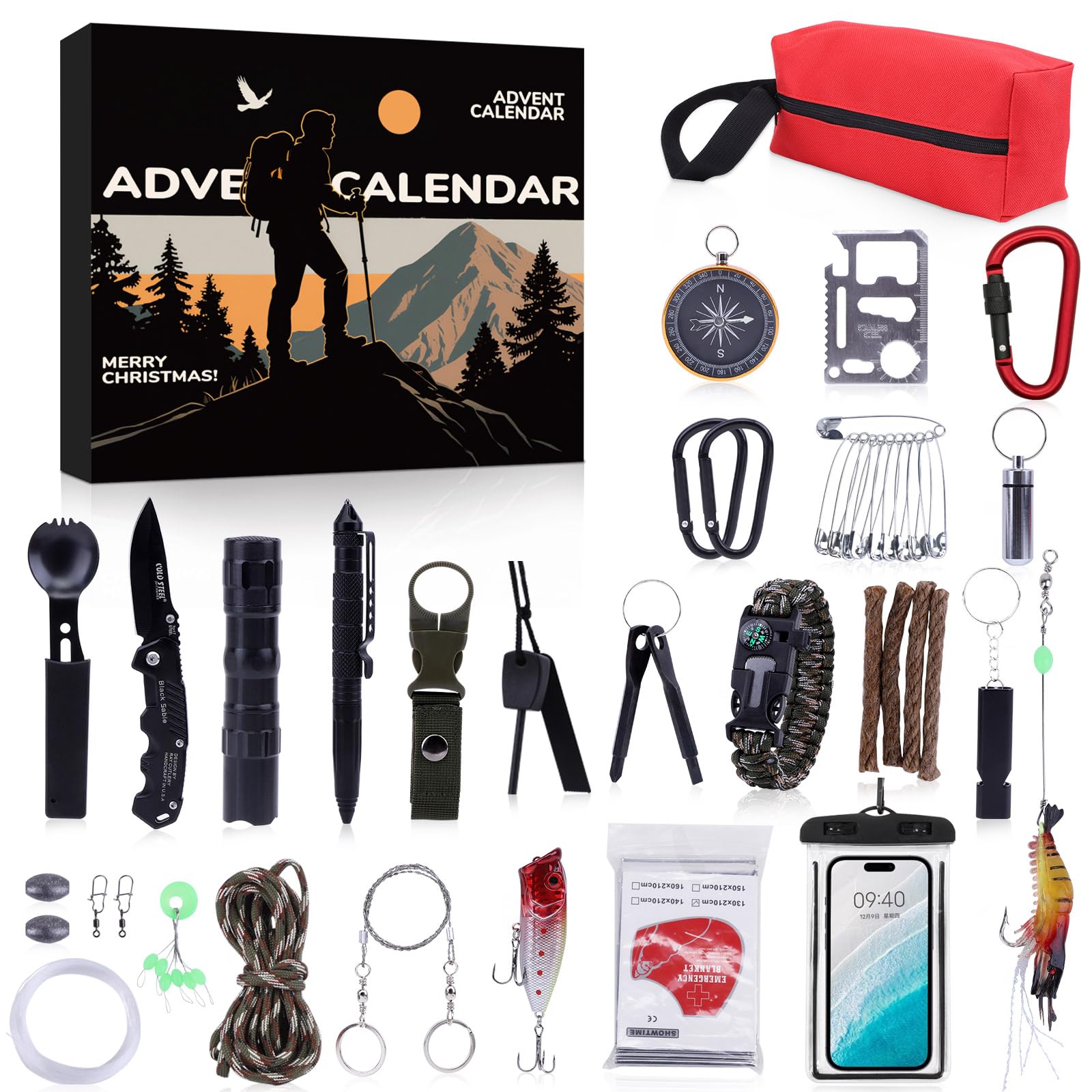 Calendario dell'Avento Survival Uomo Dotato di Strumenti di Sopravvivenza all'aperto di alta Qualità e Attrezzature di Emergenza Essenziali Regalo per Escursionisti, Campeggio e Caccia