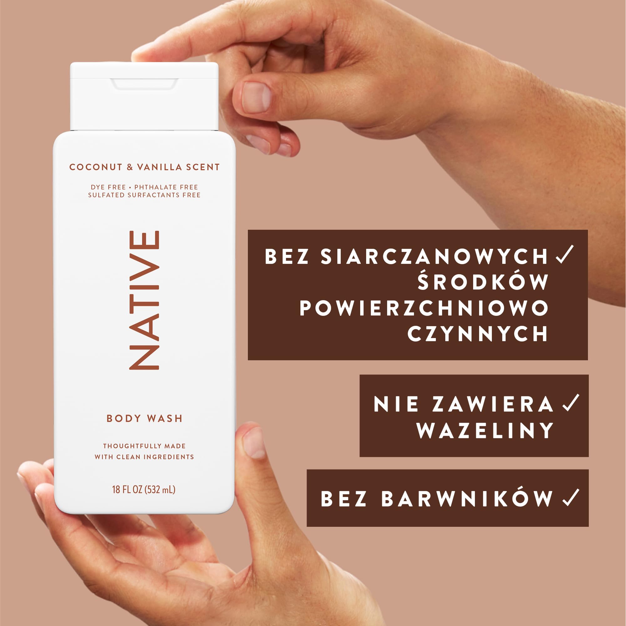 Native żel pod prysznic i płyn do mycia ciała dla kobiet i mężczyzn - bez siarczanów i barwników - mydło o zapachu kokosa i wanilii - delikatna formuła dzięki składnikom roślinnym (532ml)