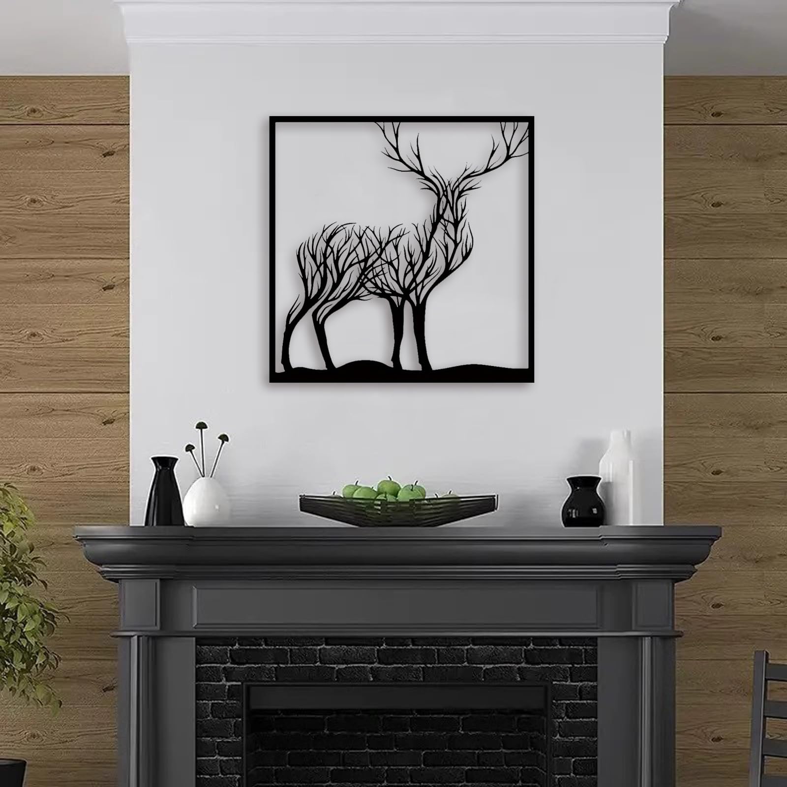 Decorazione artistica da parete in metallo con cervo incorniciato, nero, albero della vita da appendere, decorazione artistica da parete per sala da pranzo, soggiorno, camera da letto, fattoria, 50,8
