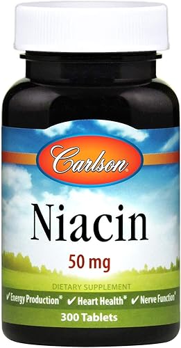 Carlson - Niacina, 50 mg, apoya el metabolismo del colesterol, producción de energía, salud cardíaca, función nerviosa, 300 tabletas