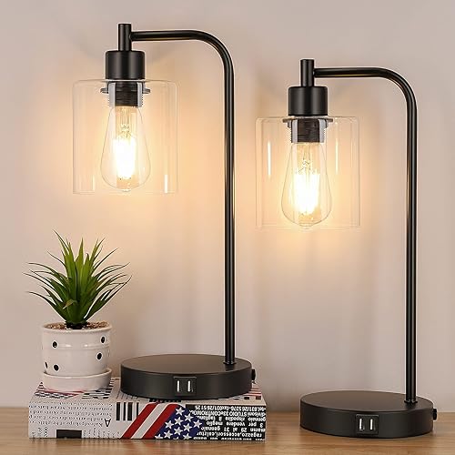 2-Pack Industrial Touch Control Table Lamp, 3 Way Dimmable 2 USB Charging Ports Bedside Nightstand Reading Lamp with Clear Glass Shade, 6W 2700K LED Bulb for Bedroom, Living Room, Office