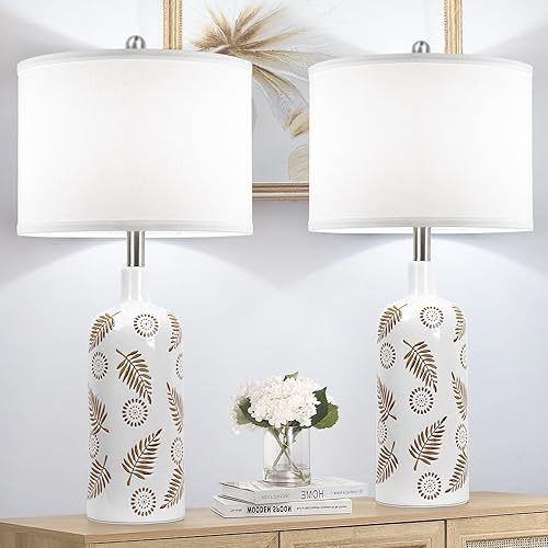 TOBUSA Juego de 2 lámparas de mesa de cerámica de granja, lámparas de noche de cerámica blanca de 25 pulgadas con patrones tallados hechos a mano,