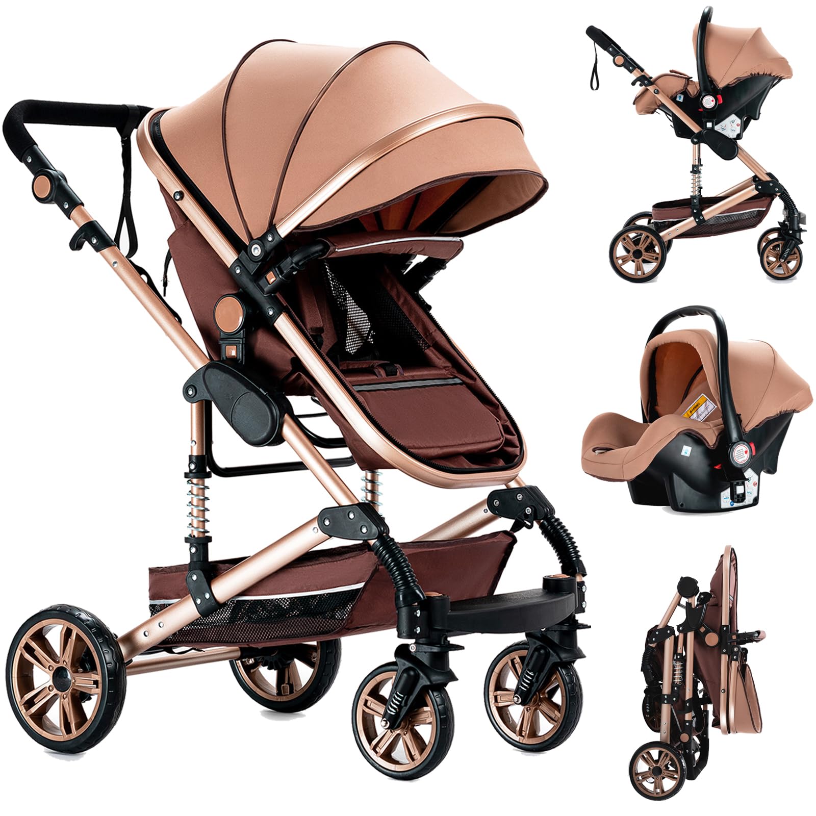 Reenborn Kinderwagen 3 in 1, Buggy mit Ein-Klick-Faltdesign Hohe Landschaft, Kinderwagen mit Zwei Umkehrbaren Schiebemodi, Kinderwagens 3 in 1 Komplettset mit Rahmen Aluminiumlegierung (739 Beige)