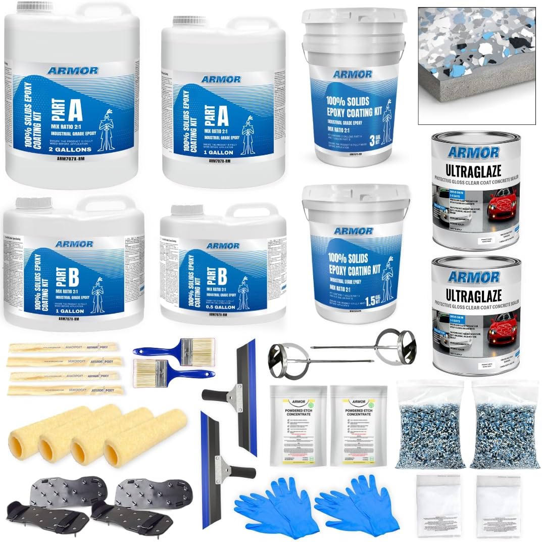 ArmorPoxy Garage Epoxy Floor Kit – 100% Solids - 2 Part Industrial-Grade Coating w/UltraGlaze Topcoat | DIY Slip & Hot Tire Resistant | 900 Sq Ft - Medium Gray- 32 pc kit