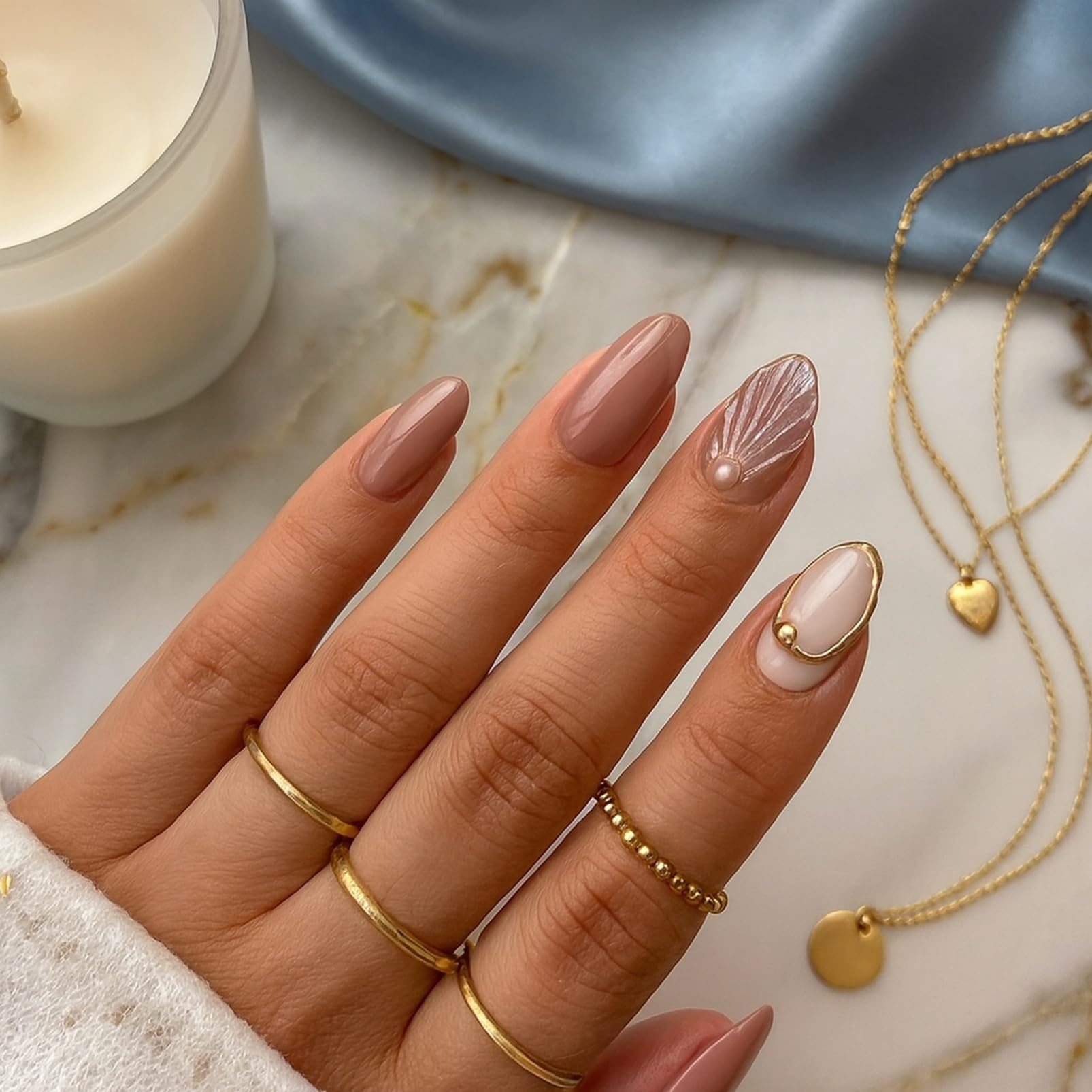 Elegant Almond Press On Nails with Gold Edging & Pearl Accents - Image 3