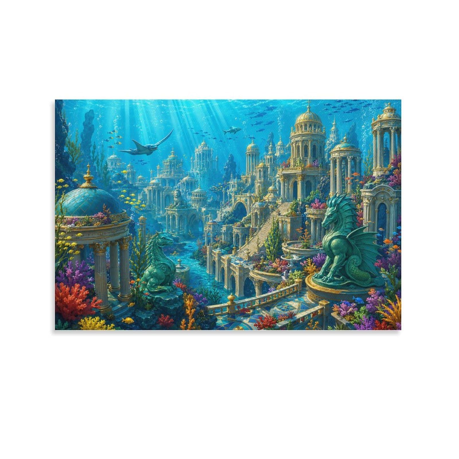 ASDFGHJKLZA Atlantis Underwater Kingdom Canvas Prints Artwork Poster Modern HD Wall Art Decor for Home, Living Room, Bedroom, Office Decorations, Gift 20x30inch(50x75cm)