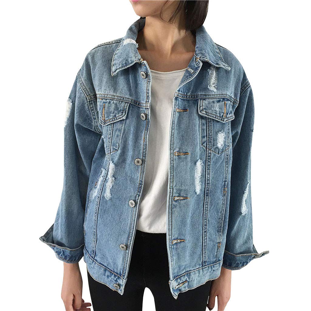 Starryflashing_Women CoatWomen Fashion Button Jacket Coat Jeans ❀ Ladies Solid Long Sleeve Casual Denim Jacket Hole Outwear with Pocket Sport Coat