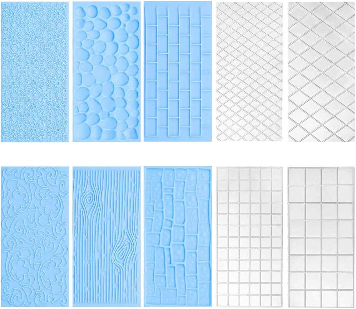 10 Set Fondant Impression Mat Mold Lace Embossing Mat Tree Bark/Brick Wall/Flower/Stone Wall Fondant Impression Mats Texture Design for Cupcake Border Decoration