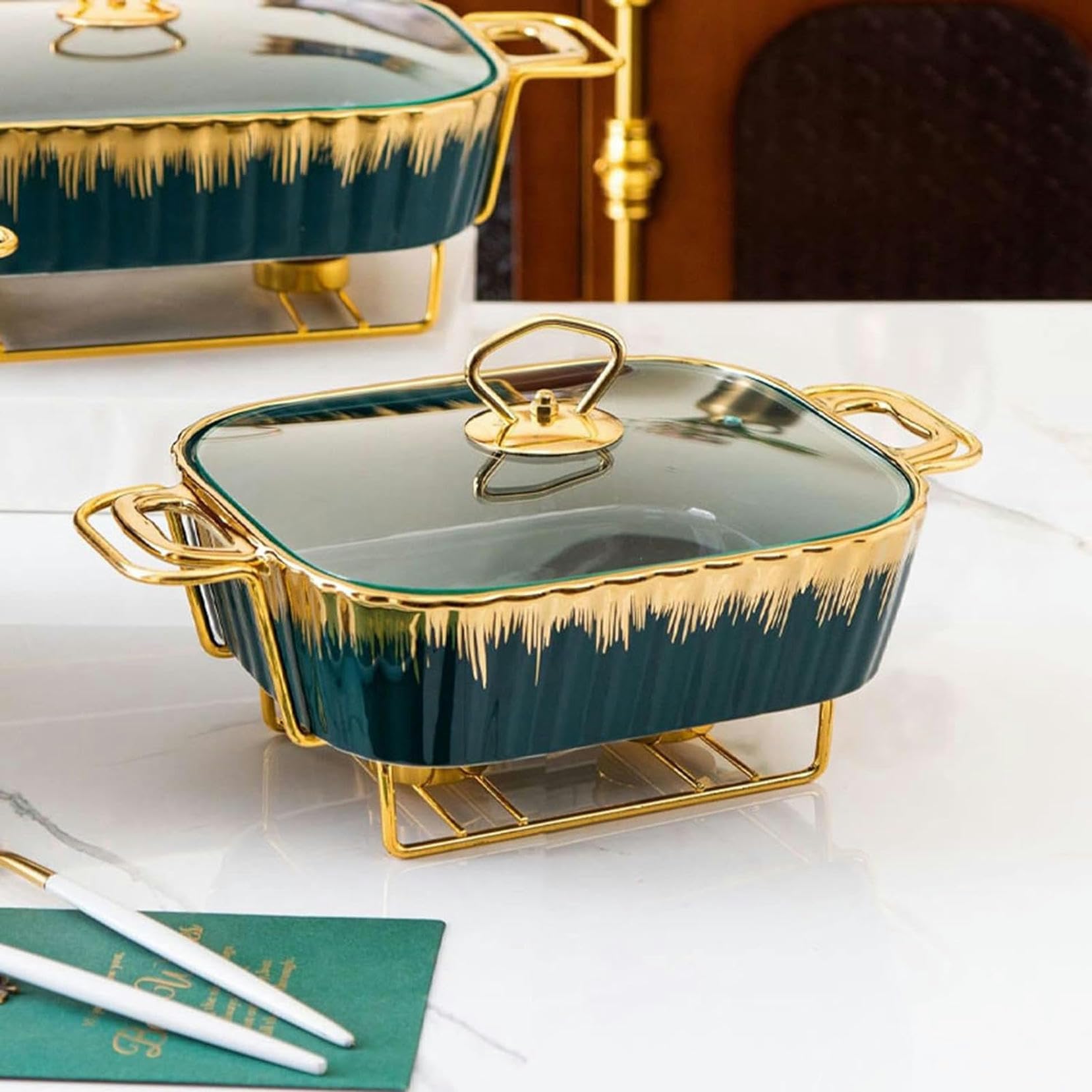 Scaldavivande In Ceramica, Scaldavivande Rettangolari Sotto Smalto Di Dimensioni Standard E Scaldavivande Per Buffet Con Coperchio In Vetro, Vassoio Scaldavivande Per Matrimoni, Feste E Banchetti, Ve