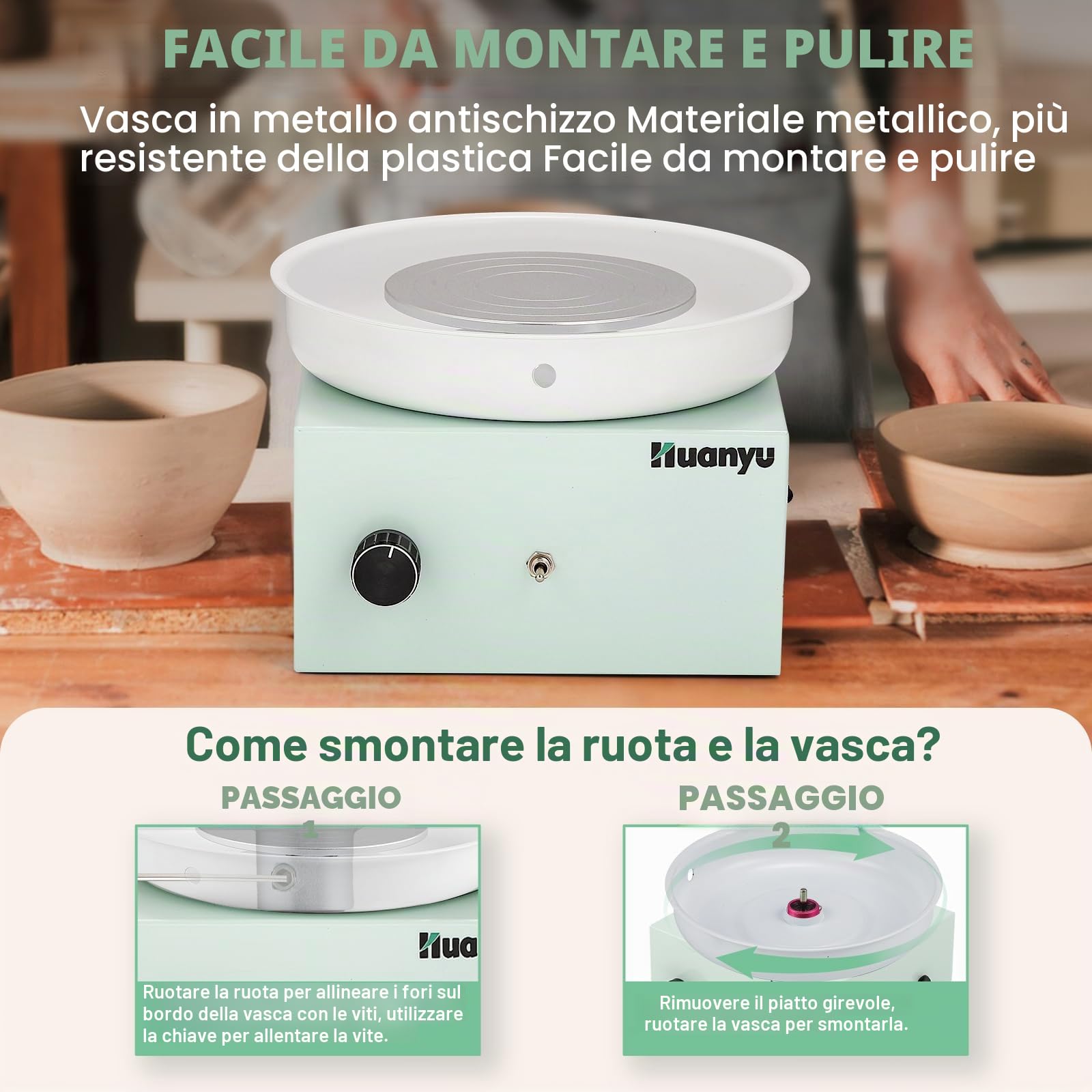 Huanyu Ruota di Ceramica 10cm/4in Mini Elettrico Ruota di Ceramica Piccoli vasai per i Principianti 0-2000RPM velocità Regolabile Ceramica Ruota di Ceramica con 27pcs Ceramica Strumenti Kit (Verde)