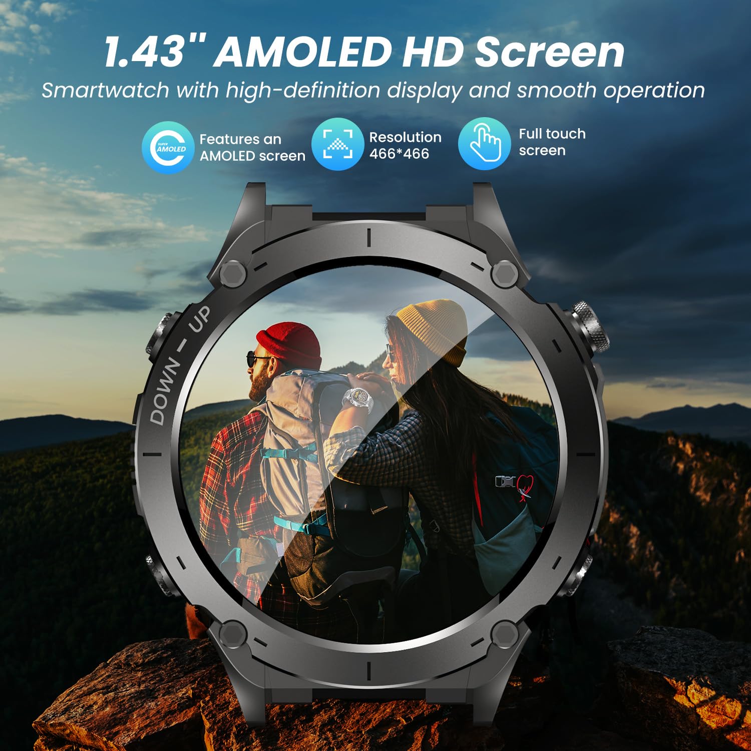 Orologio Smartwatch Uomo con GPS Sport: 1.43" AMOLED Impermeabile Fitness Smart Watch Chiamate Bluetooth con 100+ Modalità Sportive Bussola Monitoraggio Sonno 730mAH Batteria Compatibile iOS e Android