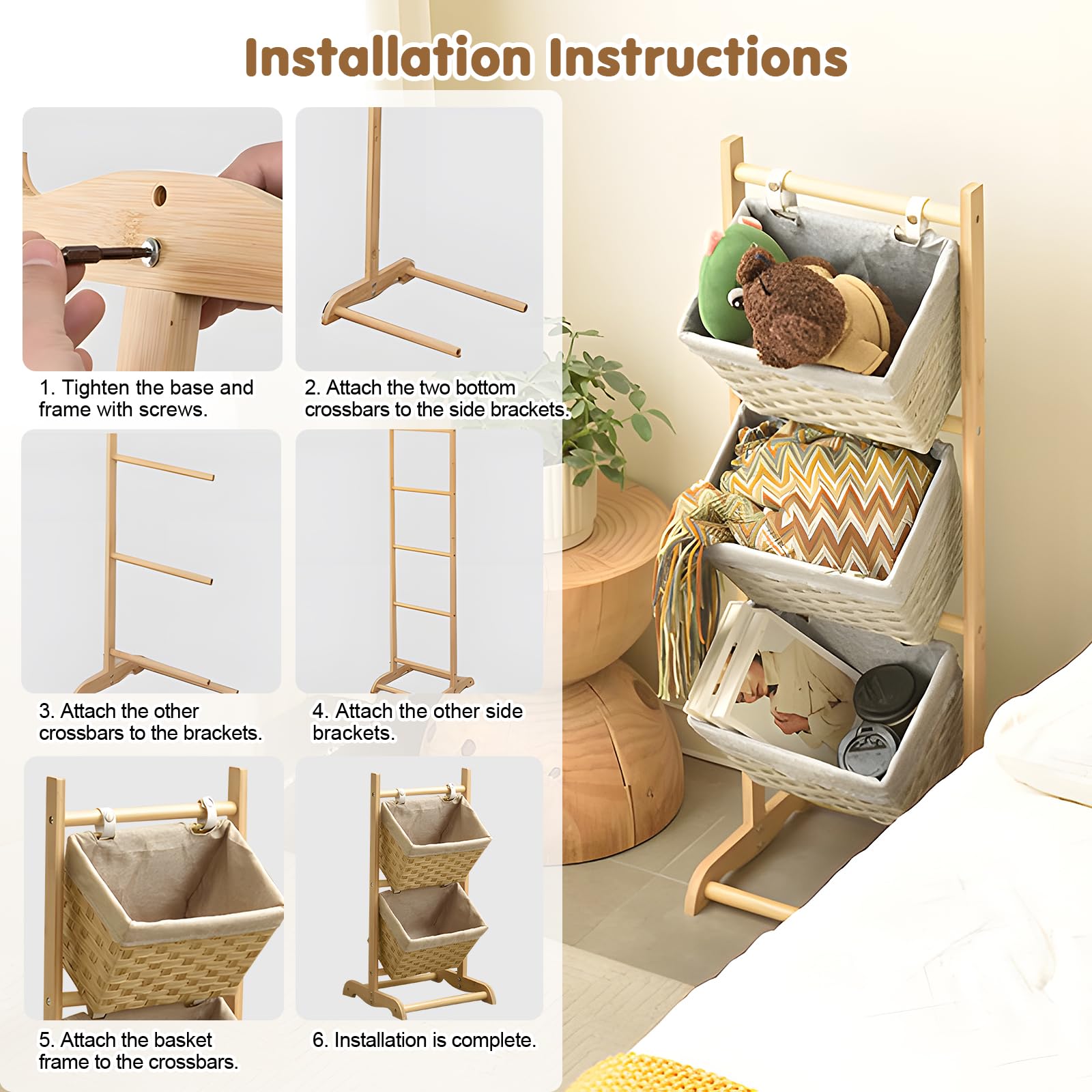 Estantería escalonada con cestas, estante de almacenamiento de 4 niveles con estructura de madera, estante independiente de pie con forro de tela extraíble para frutas (4-Tier-49.6"H×26.6"W×13.8"D)