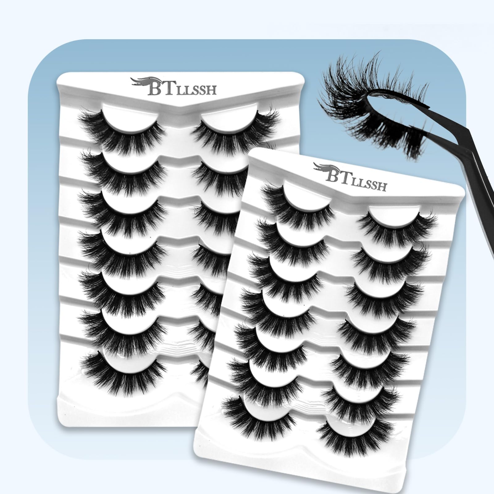 BTLLSSH Mink Lashes Fluffy Wispy Lashes Natural Look 3D False Eyelashes D Curl Russian Strip Lashes 14 Pairs Short Fake Eyelash Pack