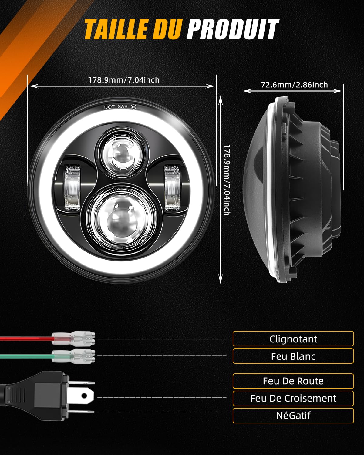 BraveWAY Phare Led 7 Pouces 80W 15000LM, 4 Modes Eclairages 4 Lentilles Angel Eyes, Dot Approuvé Hi Lo Beam Avec Drl Ambre Blanc, Câble H4-H13 Compatible Avec Wrangler Jk TJ LJ CJ Hummber H1 H2