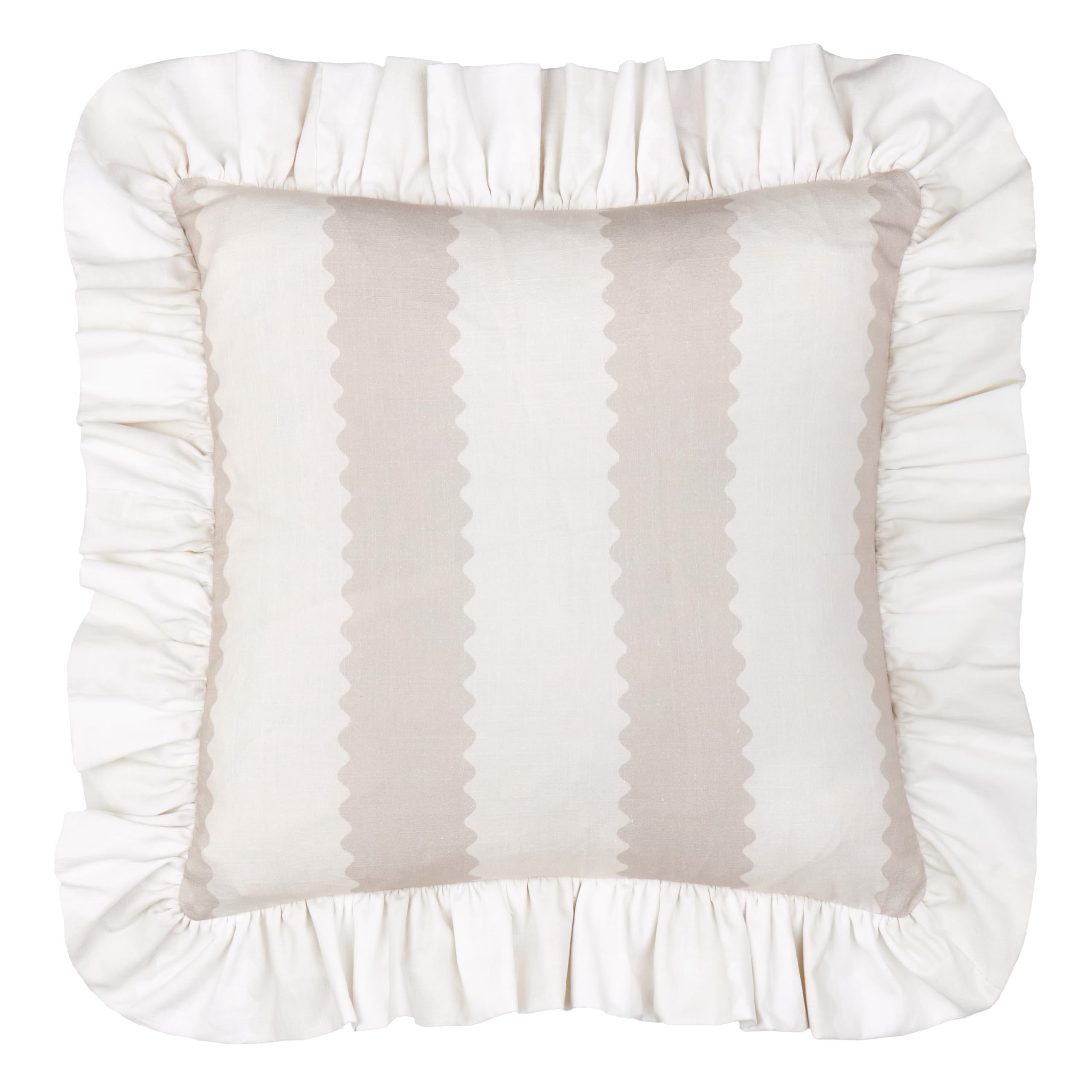 furn. Wylder Birdie Stripe Cushion Cover – Ruffle Edge Cotton Striped Decorative Case (Oat/Milk – 45x45cm)