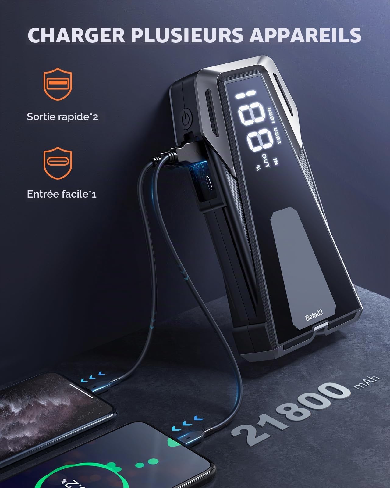 Booster Batterie Voiture 6000A, 27000mah Booster Batterie, Portable Jump Starter avec Pinces intelligentes étendues, Démarreur Batterie Voiture