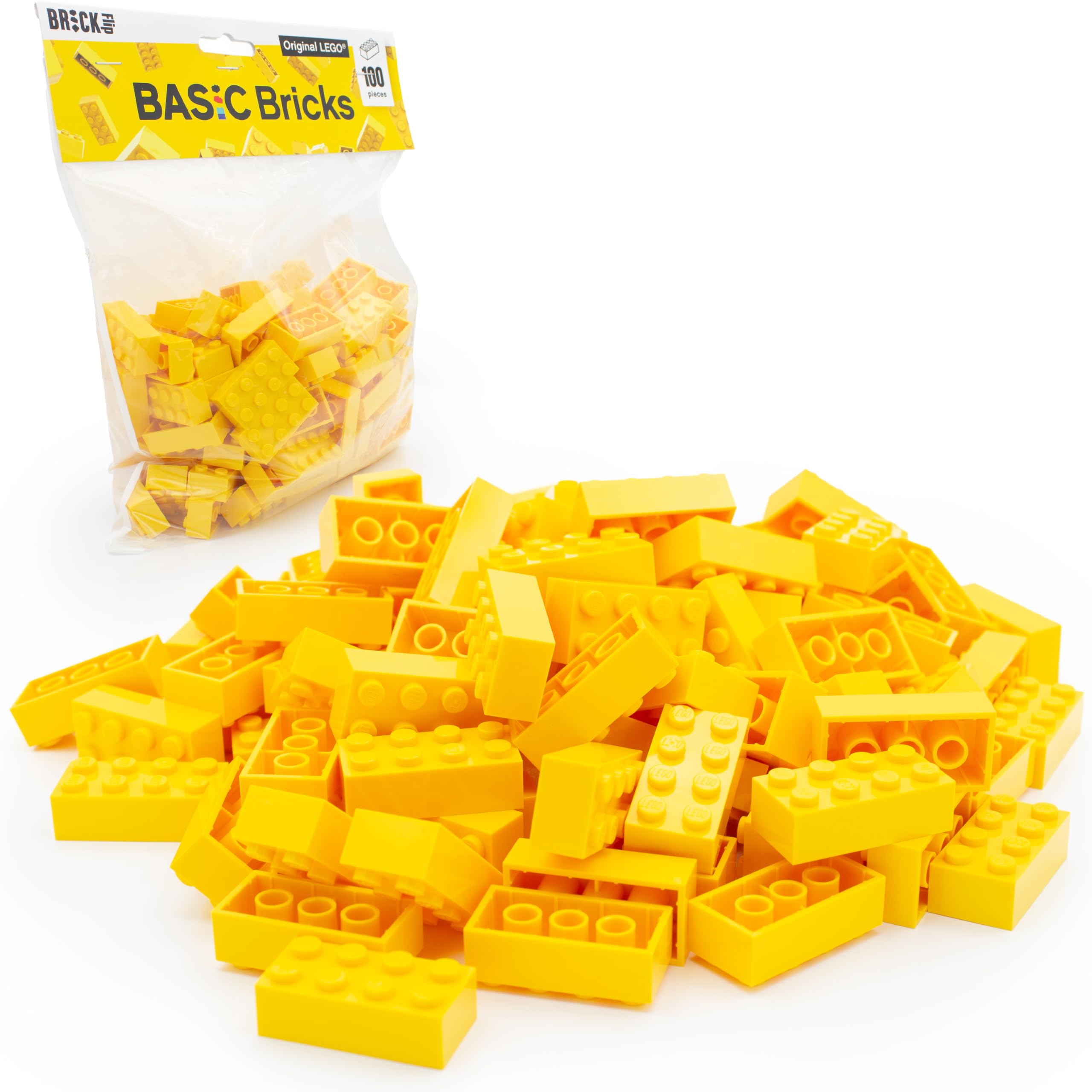 Lego 2x4 Piedras clásicas, 100 unidades – bloques de construcción individuales en paquete grande, para placa y caja Lego, juego de principiantes, ladrillos básicos (3001) (amarillo)