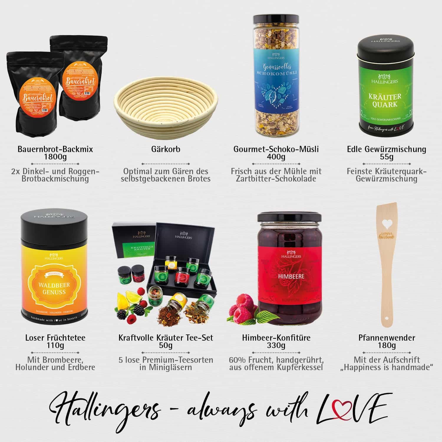 Hallingers Genuss Manufaktur Feinkost Geschenk-Set - XXL-Geschenkkorb "Bread & Breakfast" Selektion Brotbackmix, Kochbuch, Tee, Müsli, Gewürze, Konfitüre & mehr, Geschenkidee für Frauen Männer