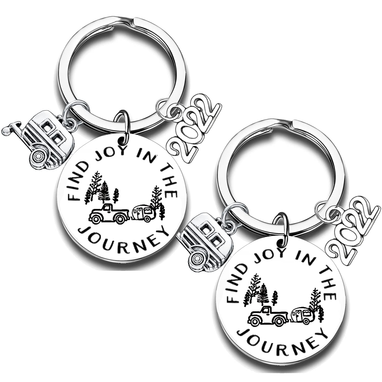 2PCs 2022 Find Joy in The Journey Keychain Happy Camper RV Trailer Keyring Enjoy Retirement Gifts for Boss Coworker Men Women Camping Lover Gift Key Ring Vacation Traveling Gift