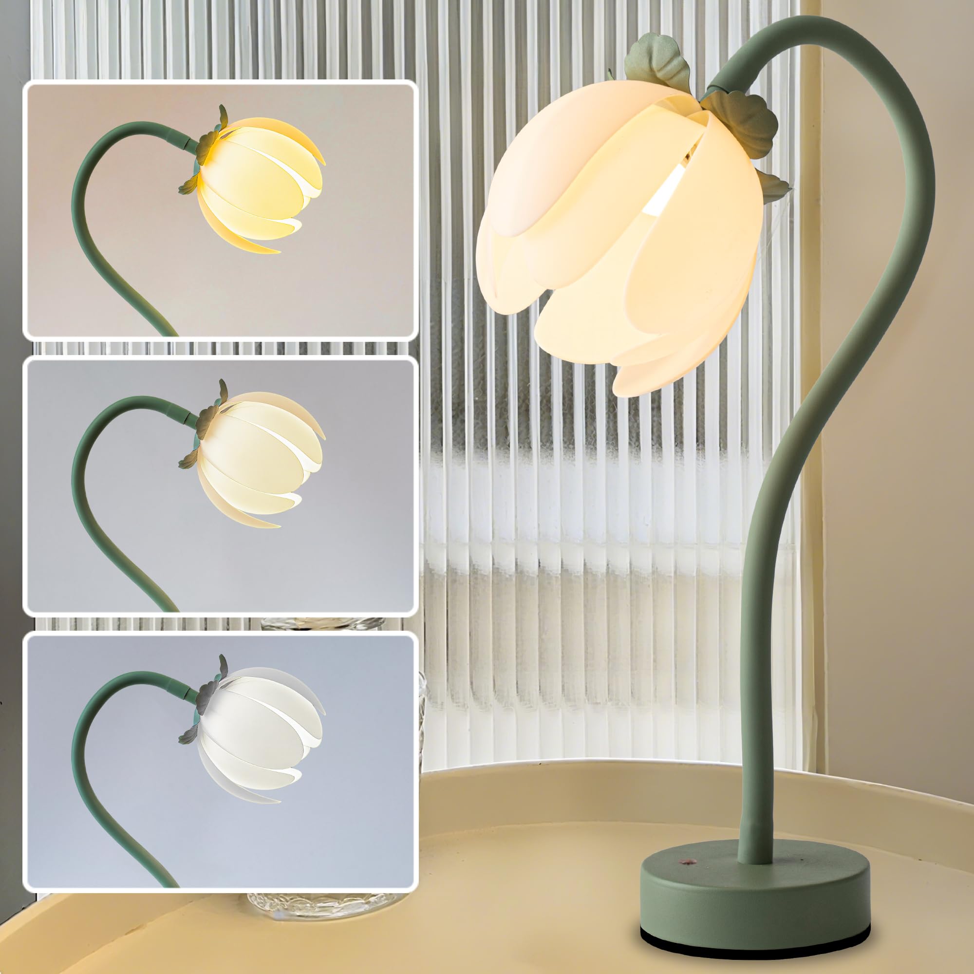 Flower Table Lamp, LED Bedside Reading Light, Vintage Flower Night Light, 3 Colors Modes, Kawaii Bedside Lamps with Flexible Gooseneck, Table Lights