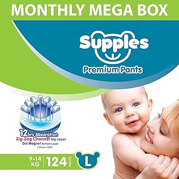Supples Baby Diaper Pants, Monthly Mega-Box, Large (9 - 14 kg), 124 Count