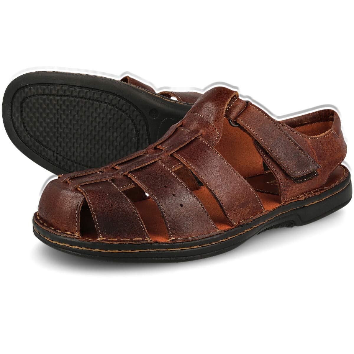 Sandalias para Hombre de Verano de Piel. Senderismo, Trekking, Playa. Cangrejeras. Plantilla Acolchada de Microfibra. Piso de Goma. Cierre de Contacto. Color Marrón Negro