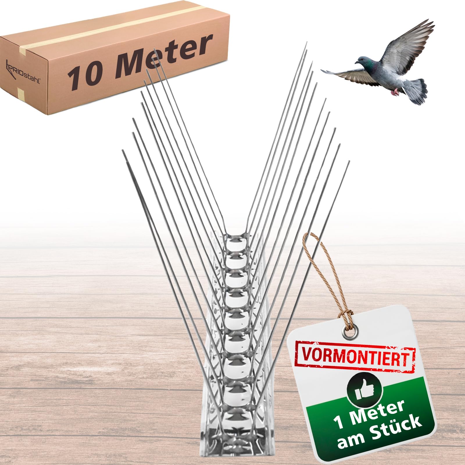 PRIOstahl Taubenabwehr Vogelabwehr 2-reihig 10 Meter (10 x 100cm) vormontierte & einsatzbereite Spikes inkl. Kabelbinder Profi Vogelschreck für Tauben & kleine Vögel wetterbeständig aus Edelstahl V2A