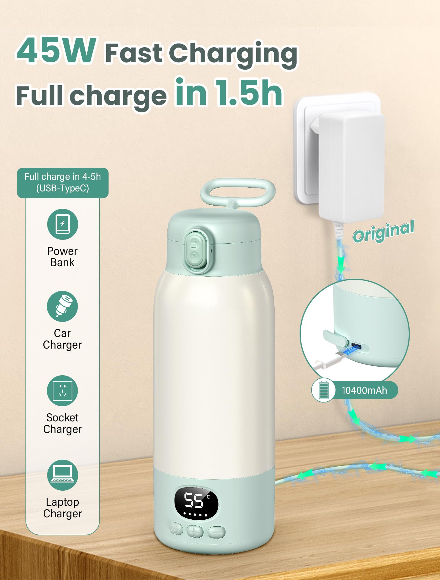 500mL Flaschenwärmer Baby, Mobiler Flaschenwärmer Baby, Tragbarer Flaschenwärmer Unterwegs, mit Ladekabel & 10400mAh-Akku, Präzise Temperaturkontrolle,für Reisen Nachtfütterung