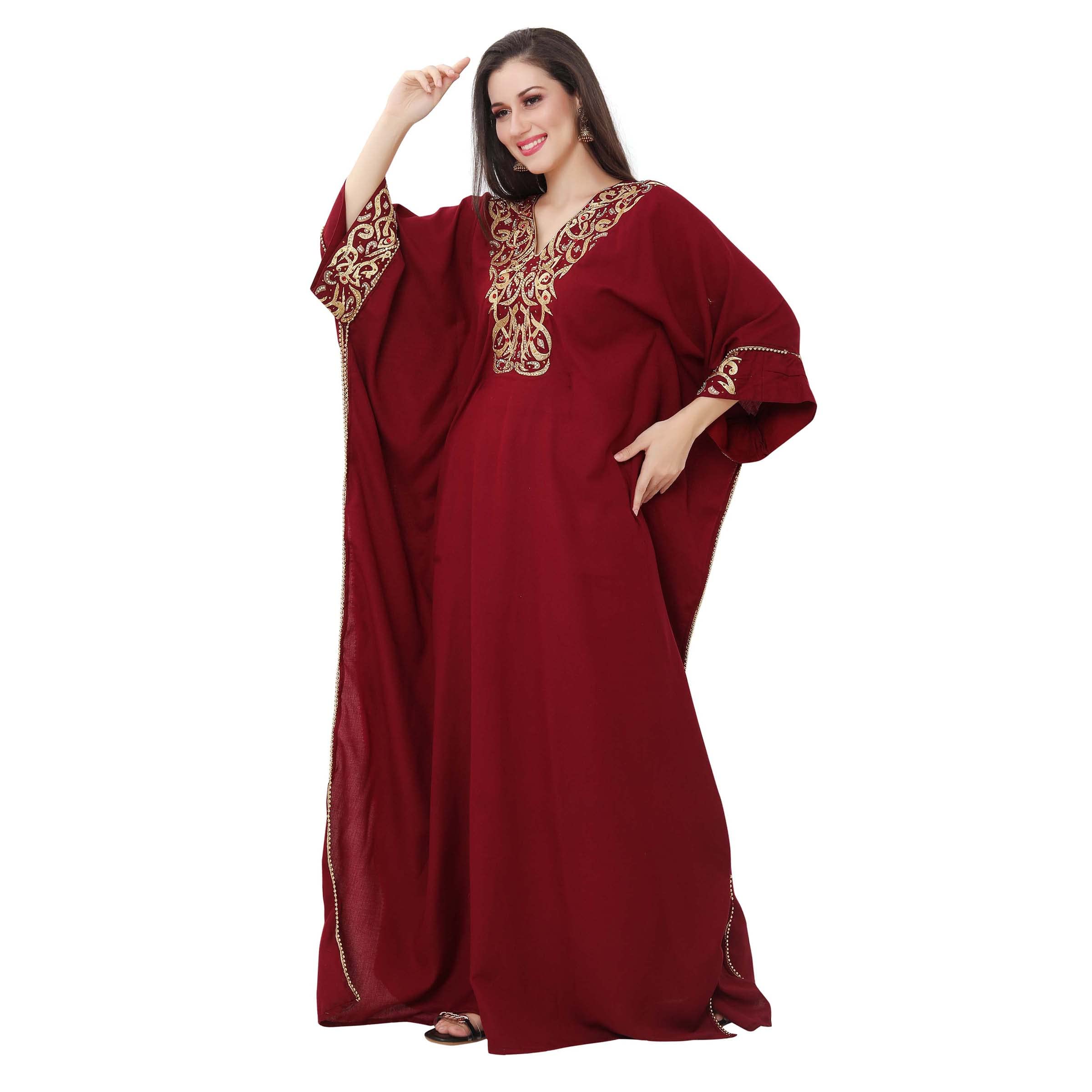 MaximCreationEmbroidered and Embellished Long Kaftan for Women Cotton Spun V Neck, Long Sleeves Free Size Caftan Dress for Parties, Wedding and Events (Length 58", Red) by Maxim Creation, Maroon, One size