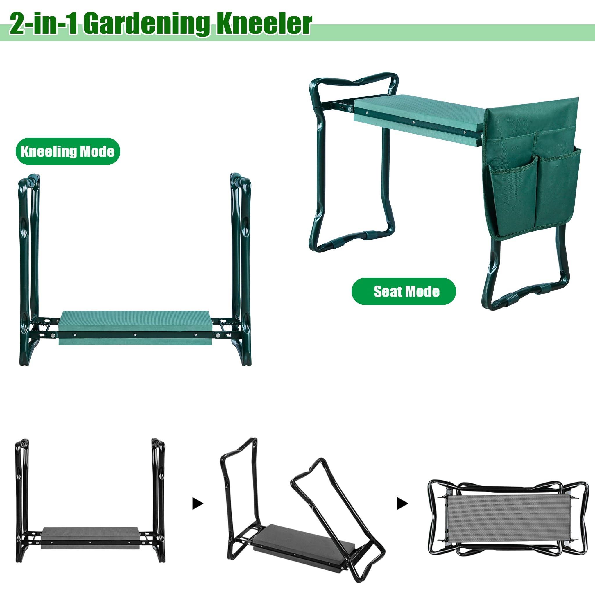 Repose-genoux 2 en 1 - Pour le jardinage - Pliable - Jusqu'à 150 kg - Avec protection des genoux - Coussin en mousse et sac à outils - Portable - Pour le jardinage - Vert