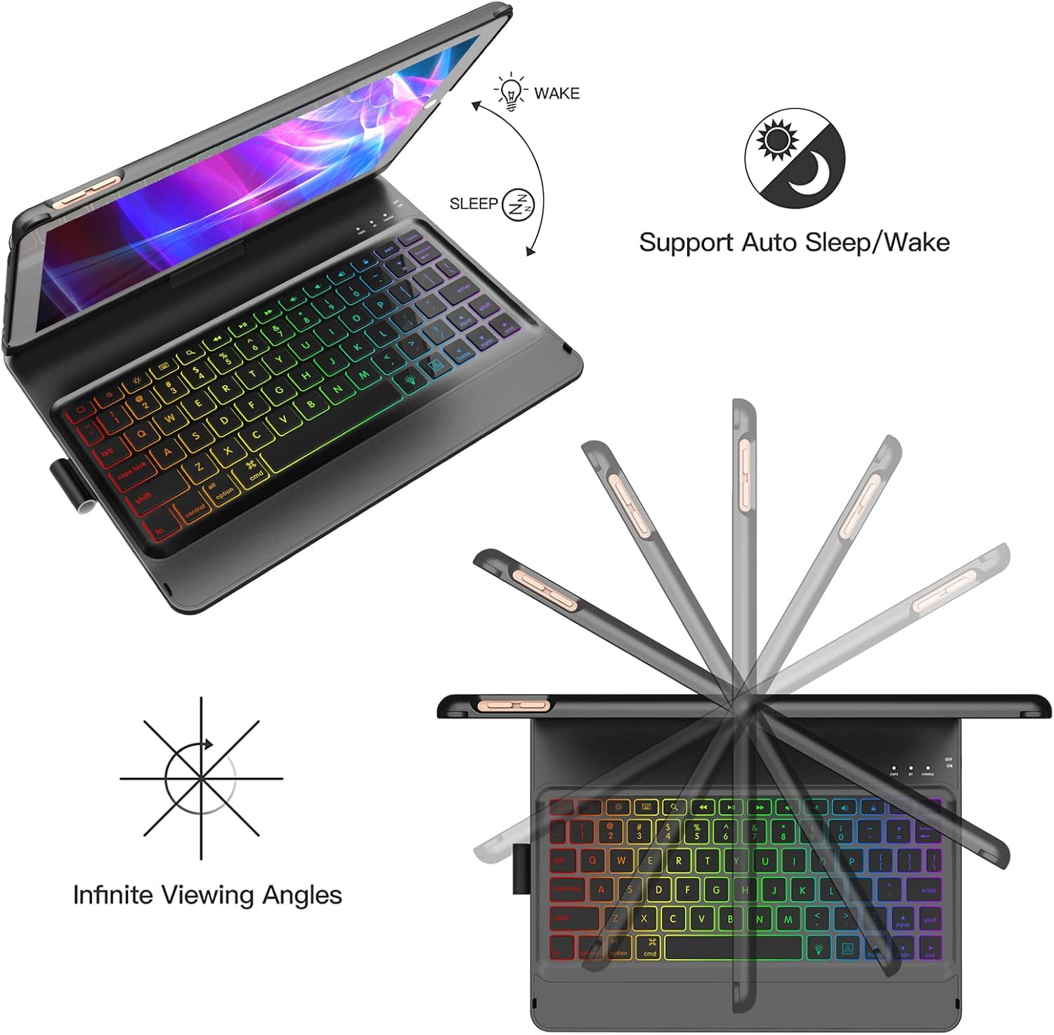 Keyboard Case for iPad 9th Generation,7 Color Backlight iPad Keyboard for 10.2-inch 9th /8th /7th /Air 3/Pro 10.5-inch,360° Rotatable Protective Cover with Apple Pencil Holder(Black) - Image 5