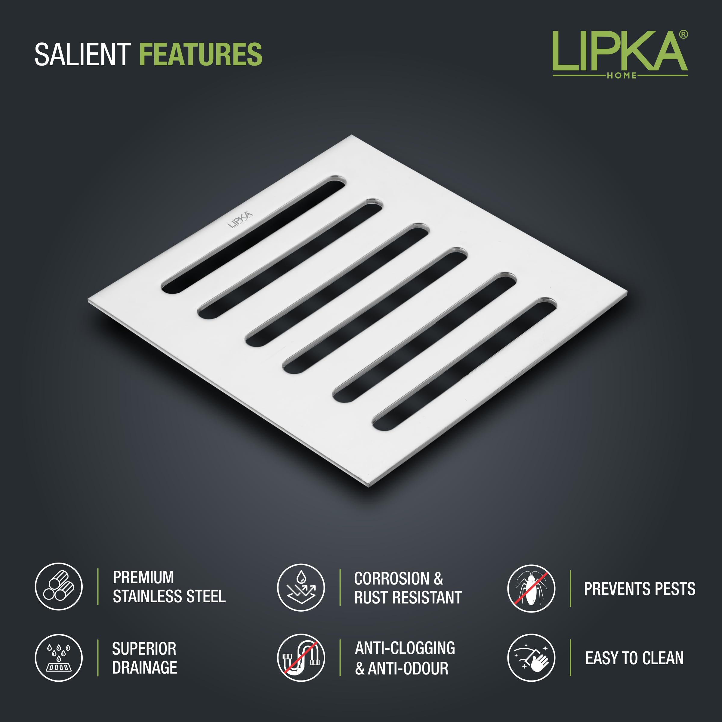 LIPKA Pack of 2 Verticle Grating Floor Drain |Premium Stainless Steel|4 x 4 Inches|Commercial Drain| 1