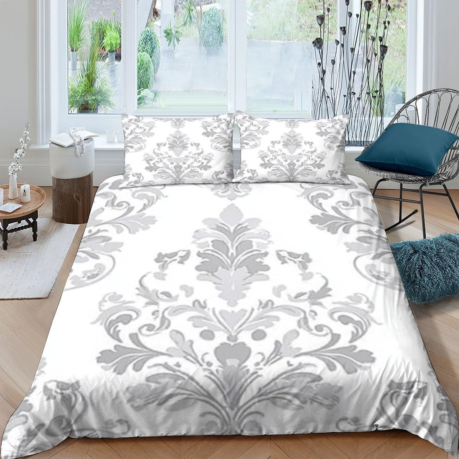 Ctjqhvkz Style-5 3D Printed Elegant Damask Fitted Sheet Microfiber Soft White Grey Baroque Mattress Cover For Bedroom Guest Room Dorm Decor Single（135X200cm）