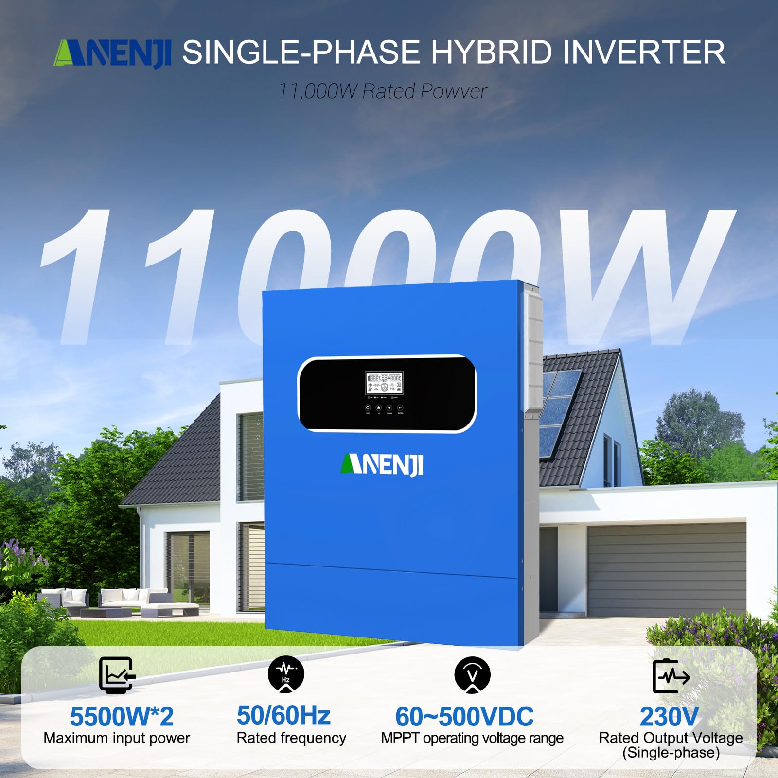 11kW Solar Hybrid wechselrichter 48VDC zu 230VAC Reiner Sinus Wechselrichter, Built-in 2 MPPT, Kann Strom in Das Netz Einspeisen Kann Ohne Batterie Verwendet Werden, Built-in WiFi-Modul