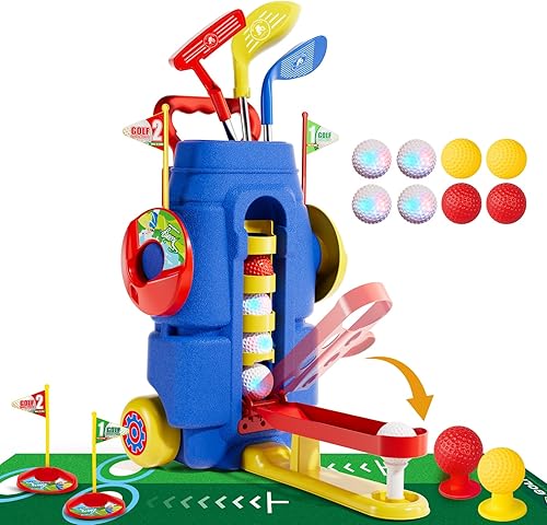 Juego de palos de golf retráctiles para niños y niñas de 3, 4, 5, 6, con tabla de Cornhole y tapete de puting, juguete deportivo para interiores y