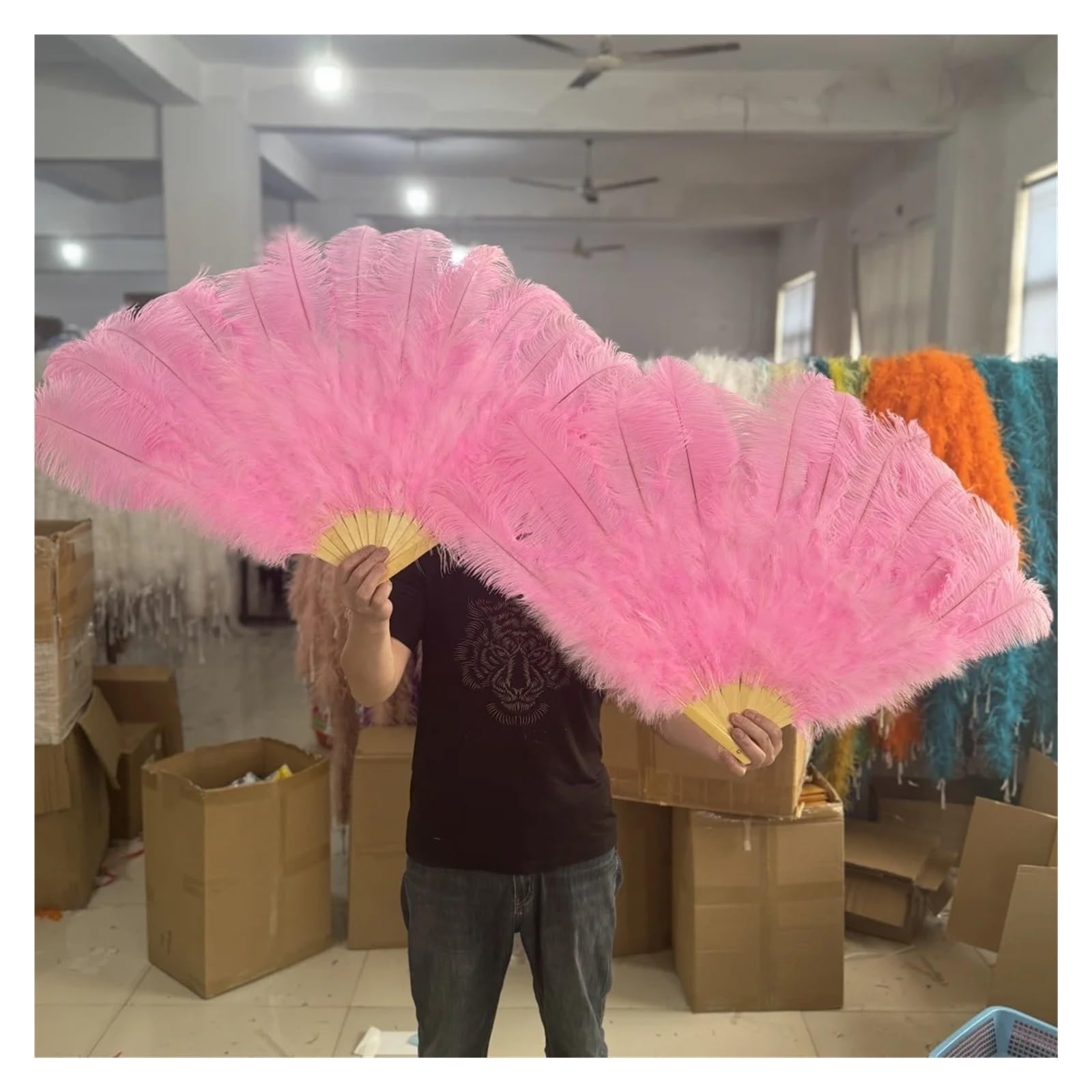 Wentylator składany z piór | Wielokolorowy 1/2 szt. 100/130 cm Dekoracja sceniczna: rekwizyty do tańca(Yellow,1 Pcs 130CM)