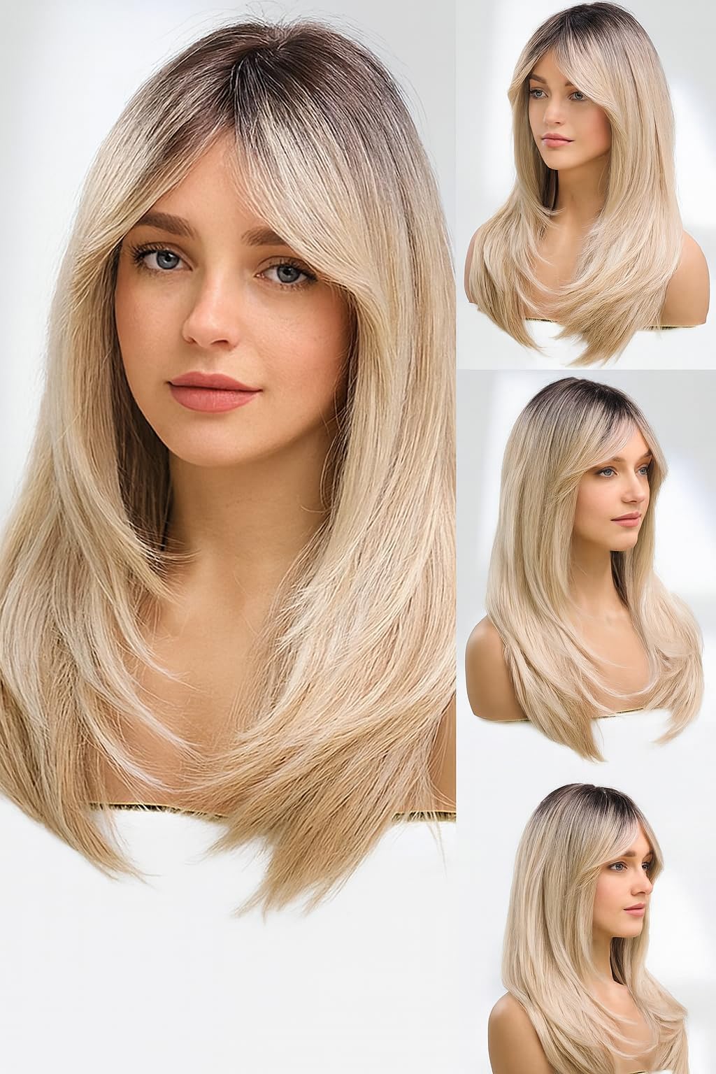 ChicAbode Blonde Wigs for Women, Long Blonde Wig with Bangs, Heat Resistant Natural Looking Wigs, Middle Part Blonde Wigs with Dark Roots, Layered Synthetic Hair Wig for Daily Party Use Cosplay(55 cm)