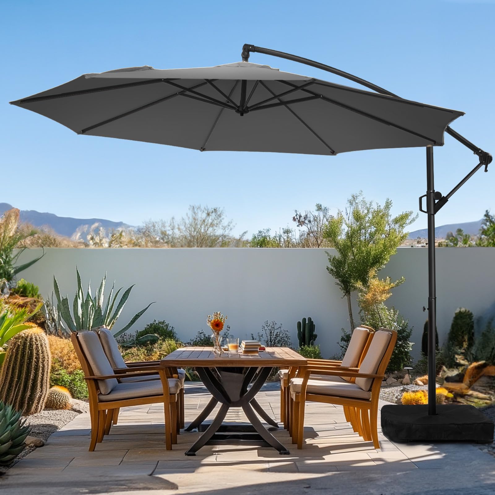 wikiwiki 10ft Patio Umbrella with Base Included, Outdoor Offset Cantilever Umbrella, Infinite Tilt, Crank and Cross Base, Dark Gray