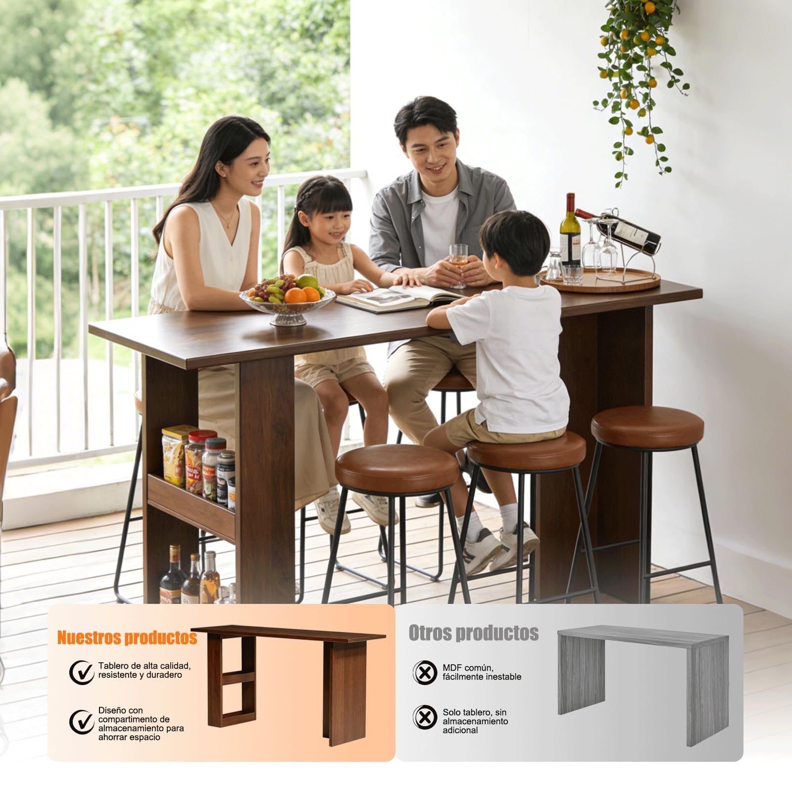 Mesa Bar de Madera Maciza con Almacenaje, Mesa Alta Cocina, Mesa Estrecha y Larga, Altura de Barra, Tablero Grueso 2,5 cm, para Cocina, Salón,Bares, etc.