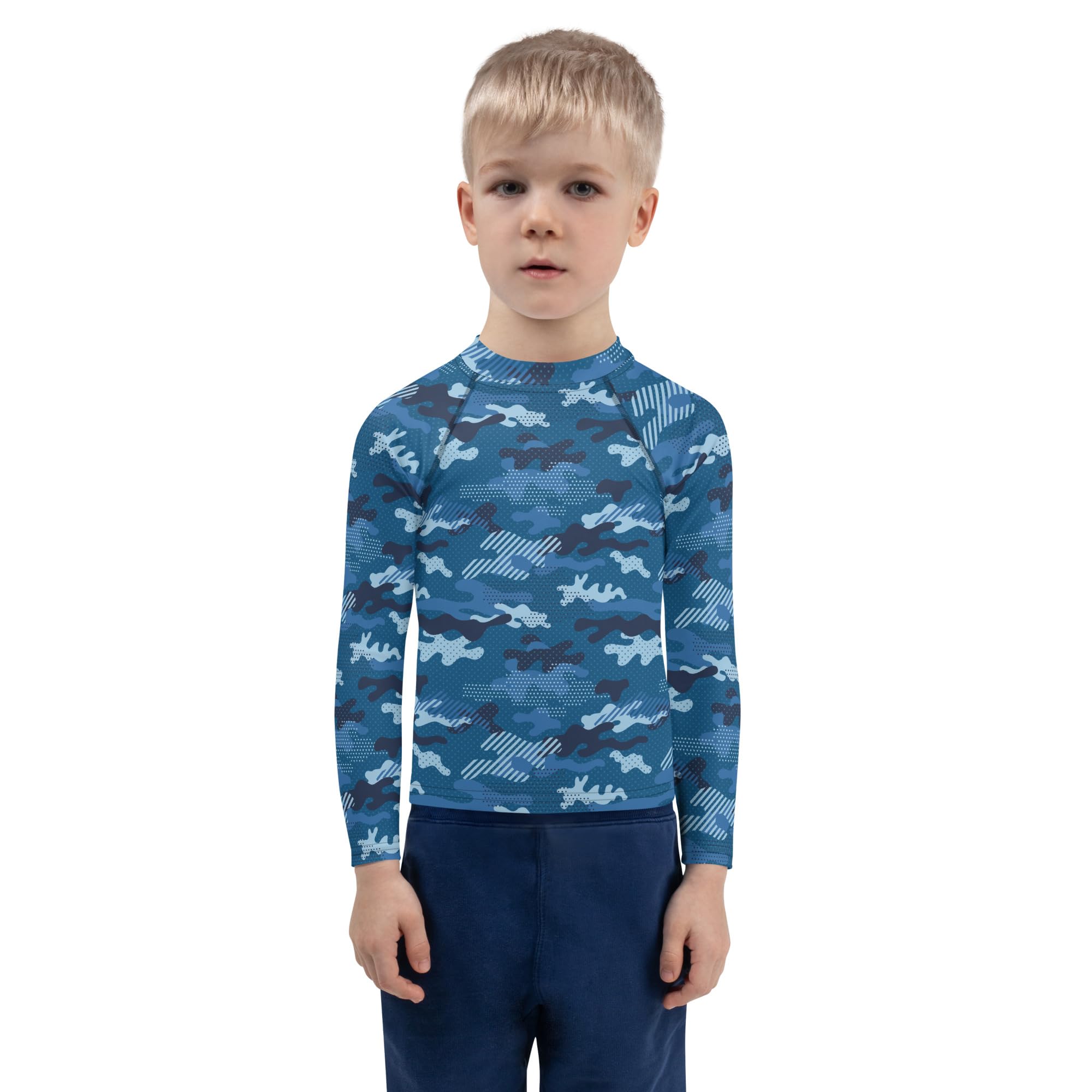 Rashguard Kinder Jungen, Langarm, Badeshirt, Schwimmshirt, Sonnenschutz, Badebekleidung, Schnelltrocknend, UPF 50+, Rash Top mit Print, Rash Guard Shirt, UV Shutz, Blue Camouflage, 92-128 cm