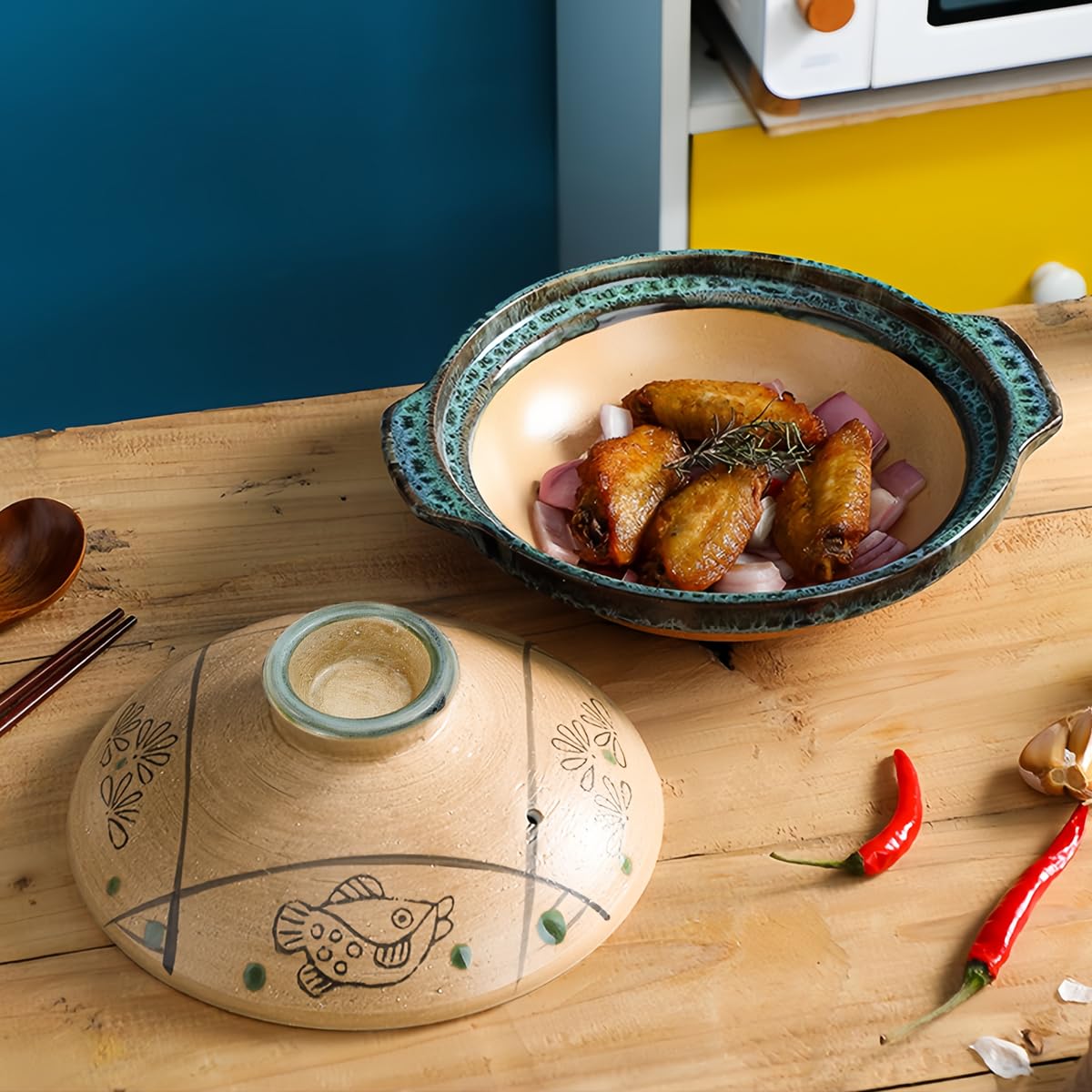 DOERDO - Cazuela de Arcilla China de 7 Pulgadas, Olla de Cerámica con Tapa para Restaurante en Casa, 18 cm