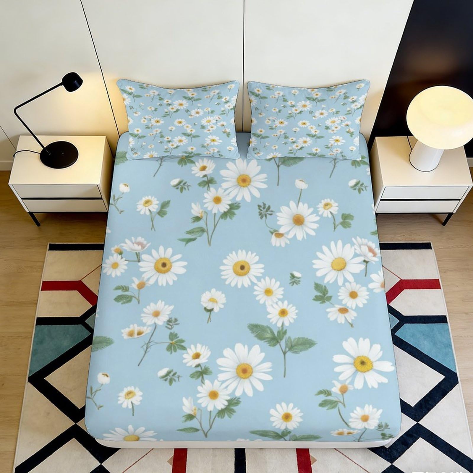 3D Printed Blue Daisy Fitted Sheet Microfiber Soft Breathable Chamomile Bed Cover for Bedroom Decor Mattress Protection 90x200x25cm