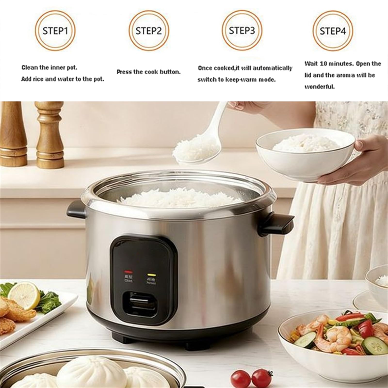 Cuociriso Elettrico In Acciaio Inox Con Vaporiera, Ciotola Interna Antiaderente, Funzioni Di Cottura/caldo, Misurino Incluso(2L)