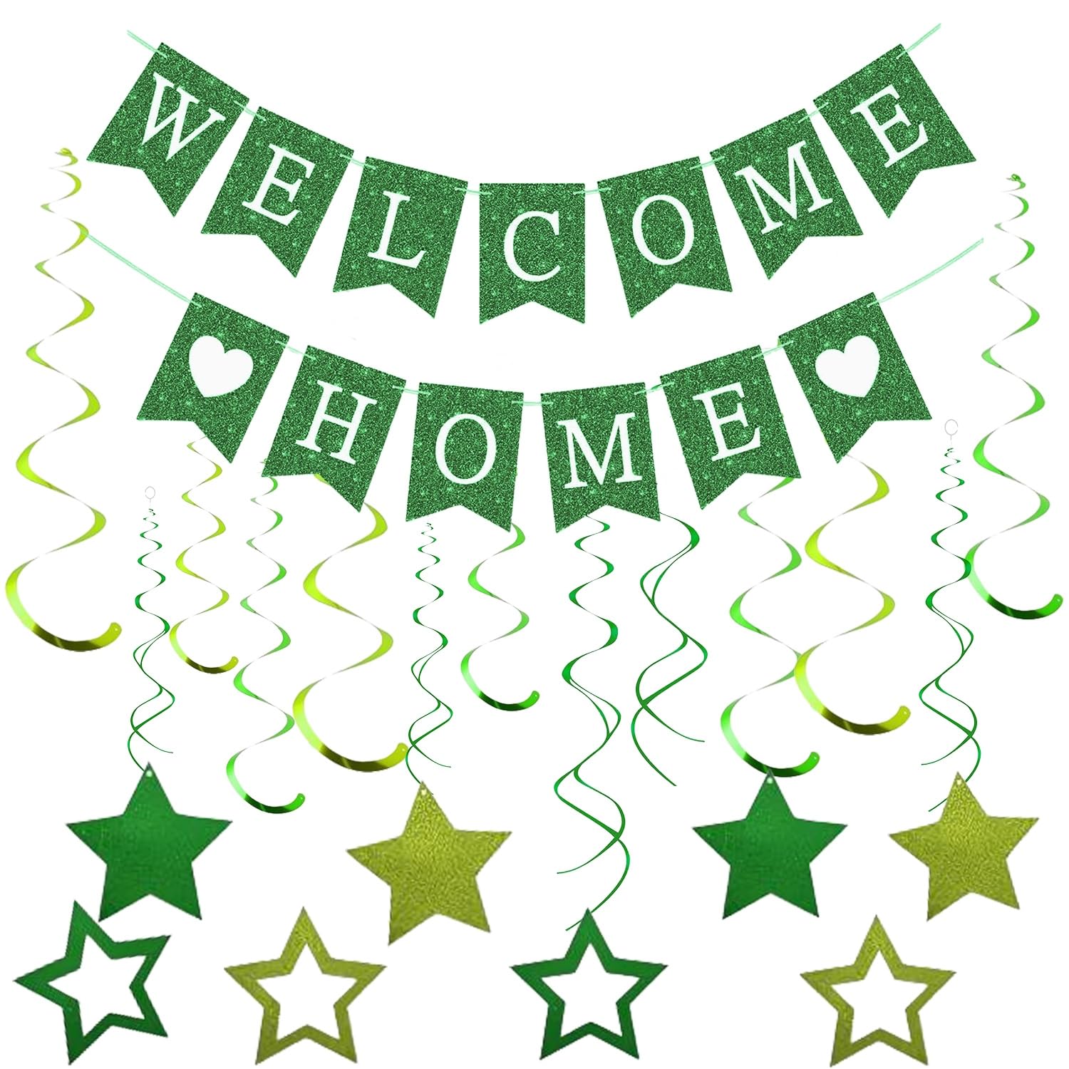 Welcome Home Decorations Green Glitter Bunting Banner Hanging Swirls with Star for Homecoming Housewarming Reunion Military Deployment Return Baby Shower Family Party Supplies