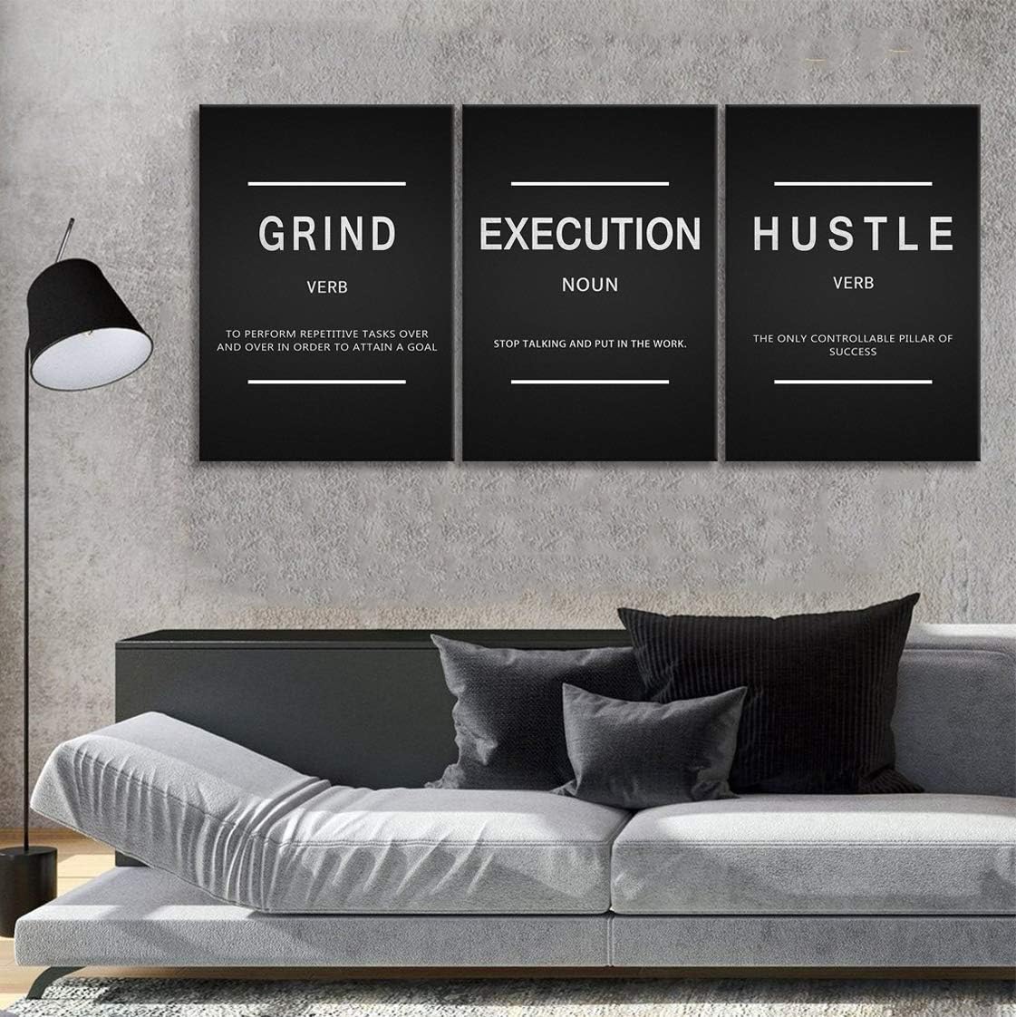 Large Success Quote Inspirational Wall Art Motivational Grind Hustle Execution Painting Entrepreneur Office Posters Prints Canvas Artwork 3 Panels Wall Decor for Office Framed Ready to Hang- 24x36x3