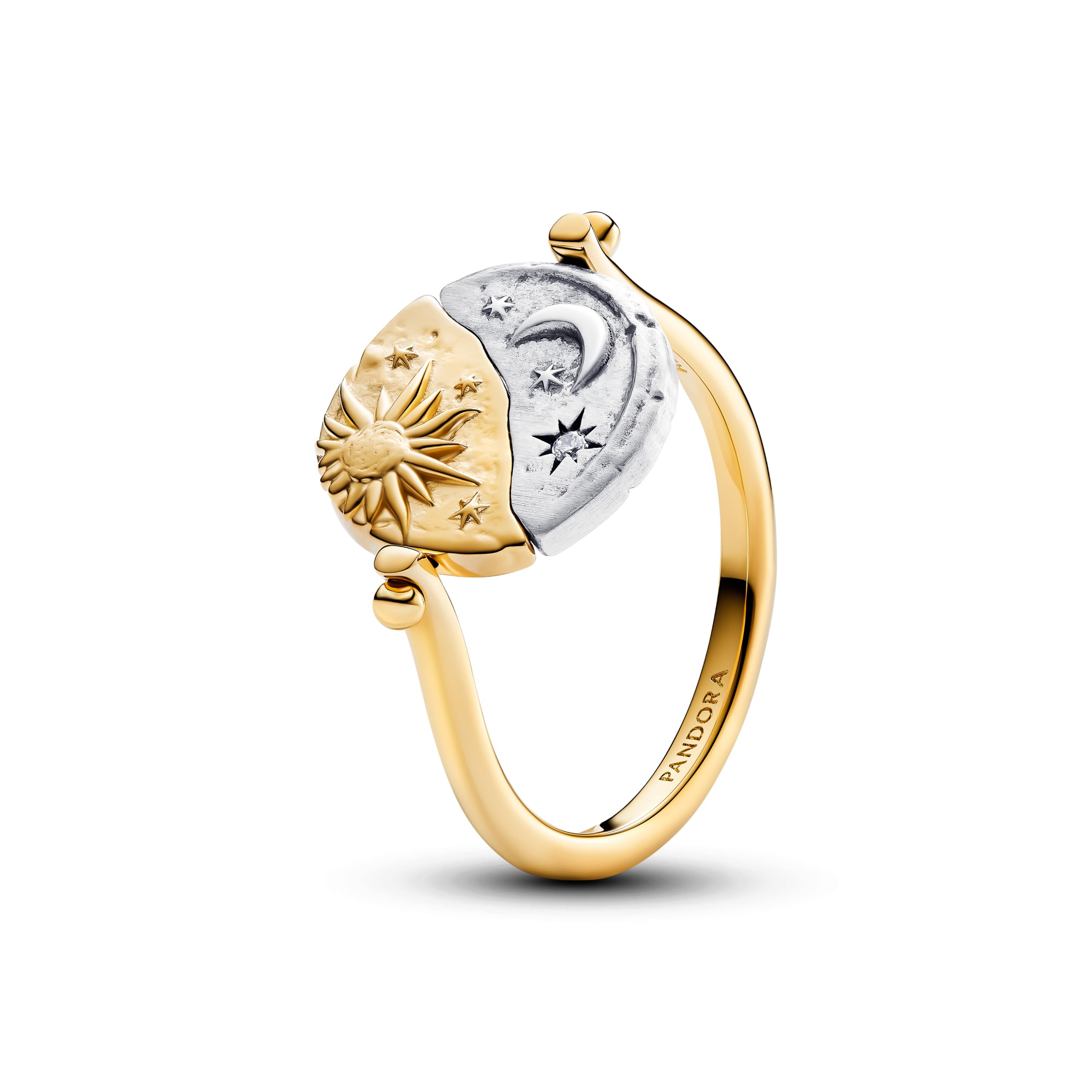 PANDORA Anello con medaglione reversibile con sole e luna, in argento Sterling placcato oro 14 carati e zirconi, 164810C06