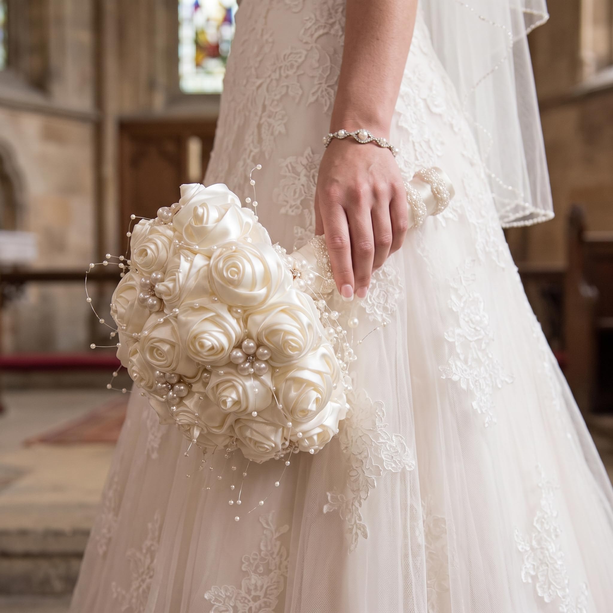 Bouquet da sposa per matrimonio, bouquet da sposa con rose accentate con perline e perle