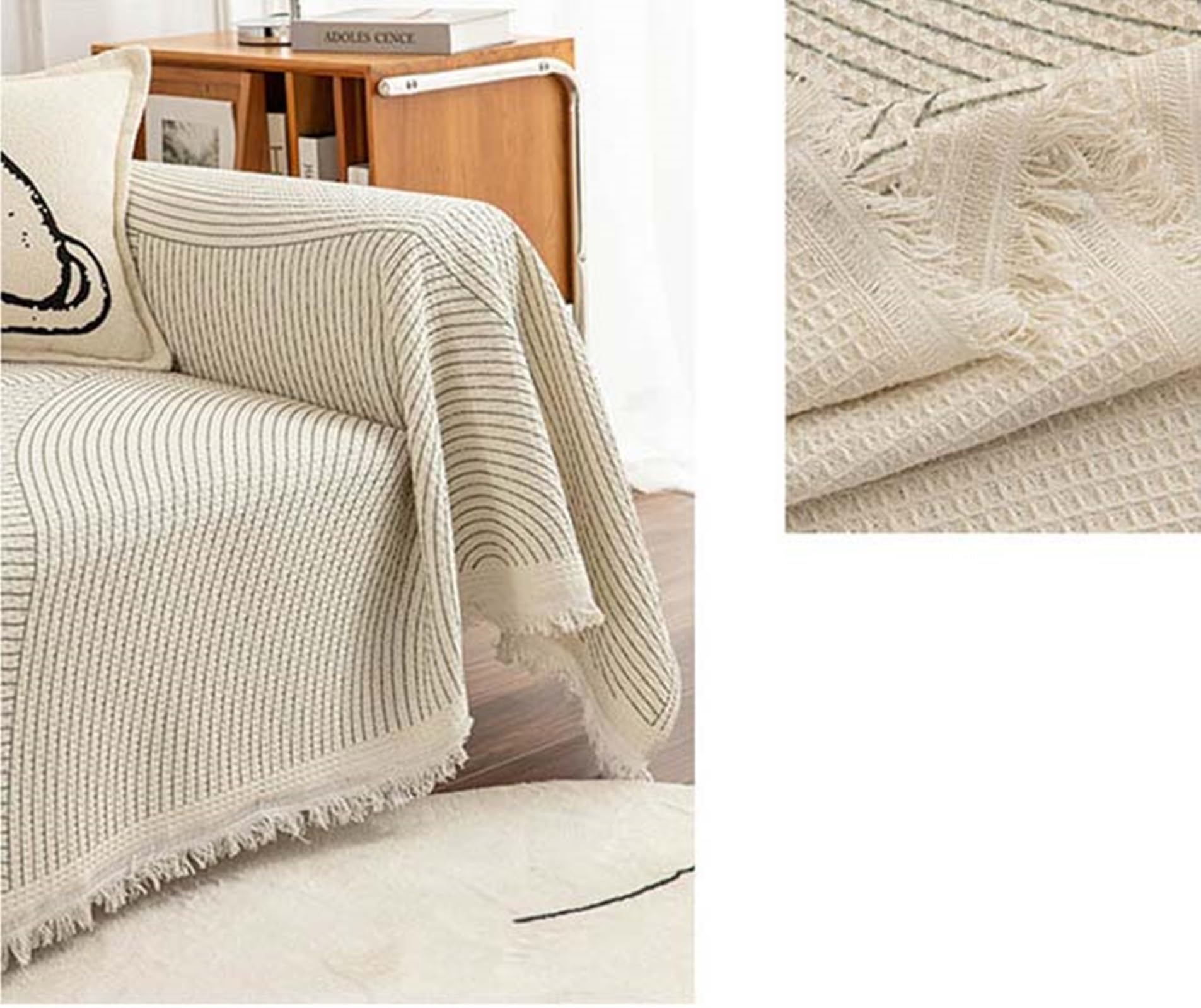 Copridivano Matrimoniale, Coperta per Divano Antipolvere Protettiva per Divano Linee Geometriche con Nappa Beige in Cotone, 180x280cm